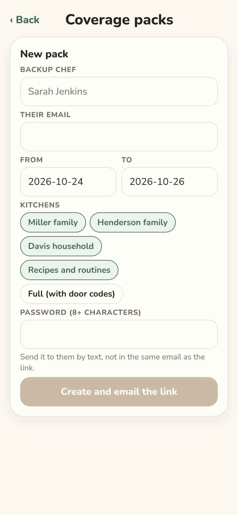 The Coverage packs screen: a backup chef, dates and a password