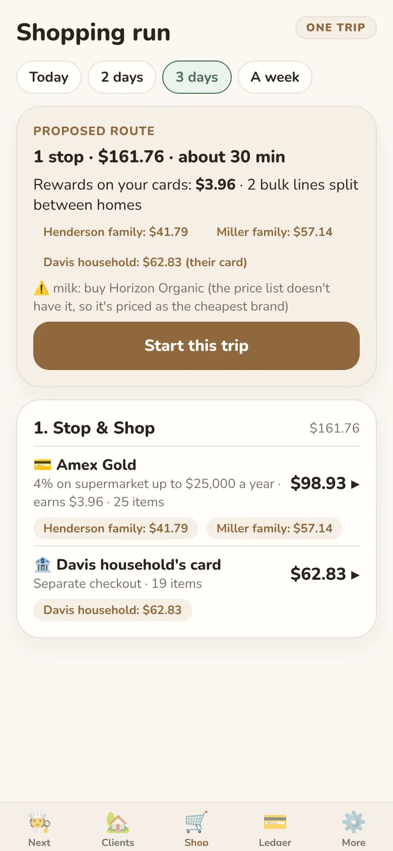 The Shopping run screen: one trip for three homes, split by home and by card