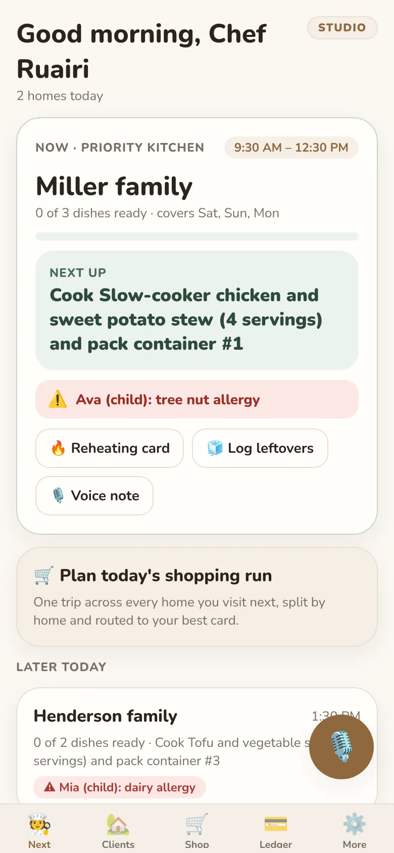 The chef's Today screen: the kitchen you're in, the next step and an allergy reminder