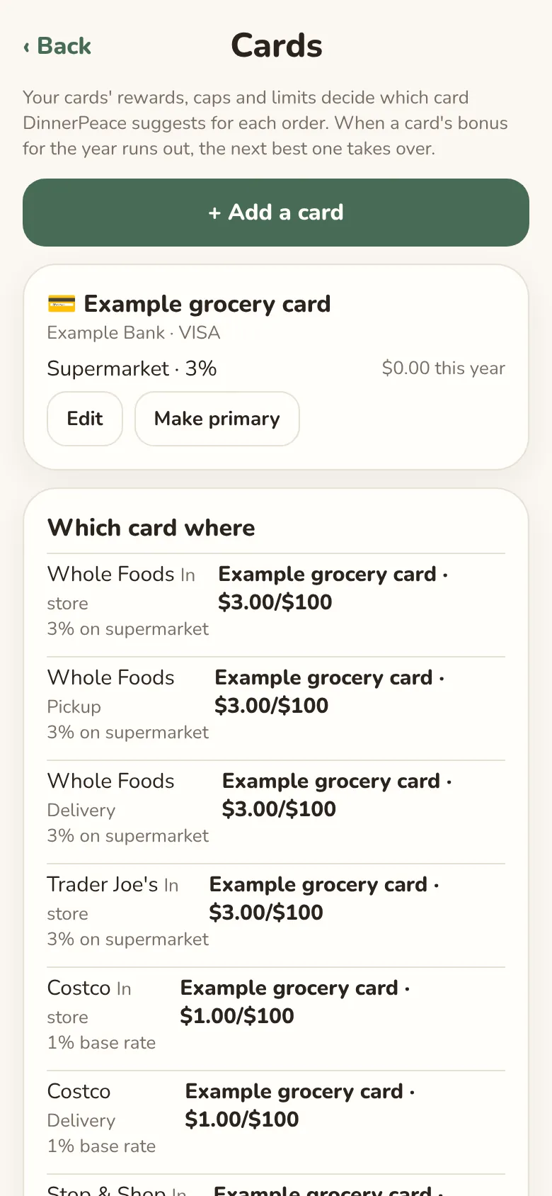 The Cards screen: which card to use at each store