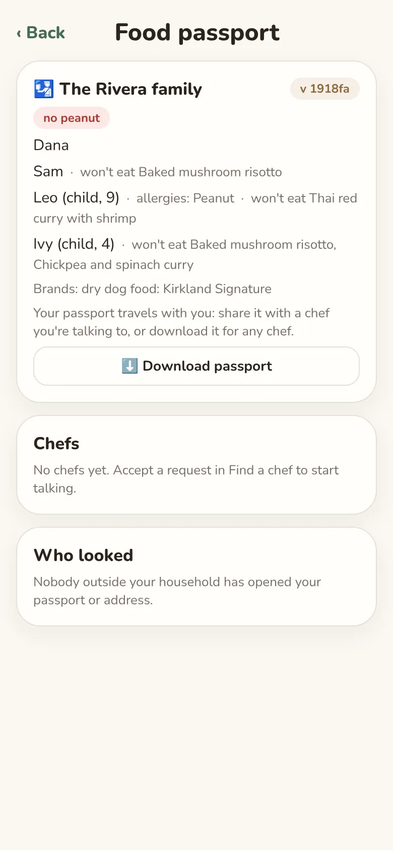 The Food passport: each person's allergies and dislikes