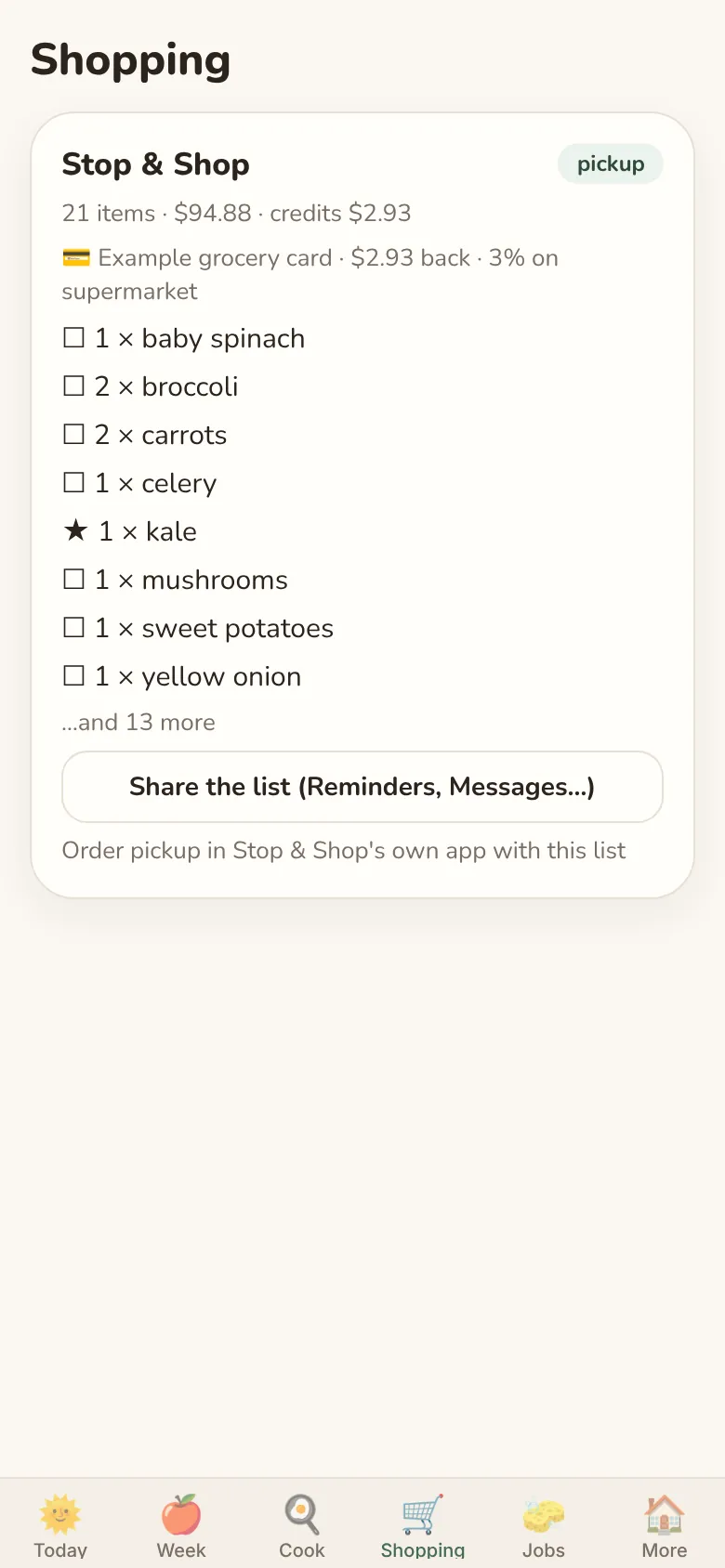 The Shopping screen: one store, the list, and a button to share it