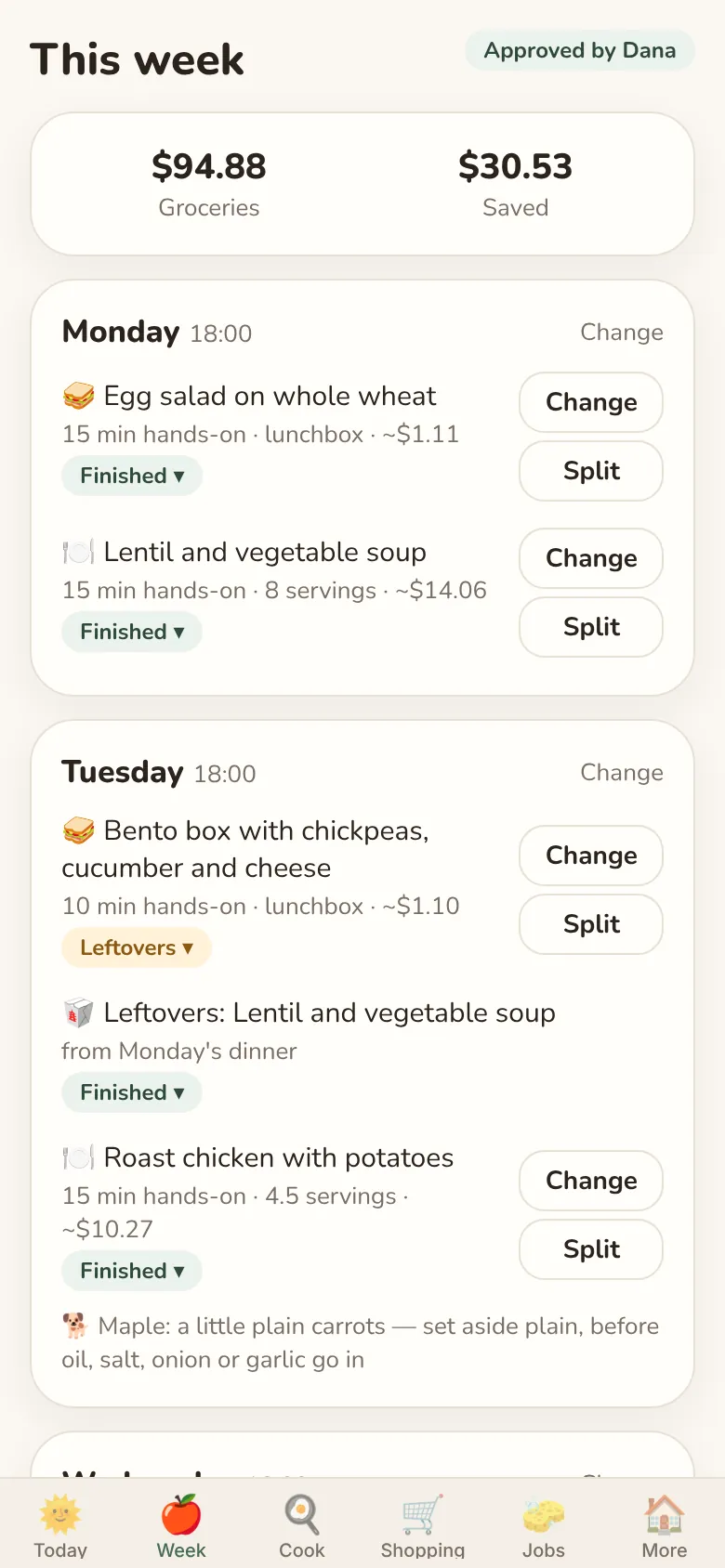 The Week screen: each day's meals with Change and Split buttons